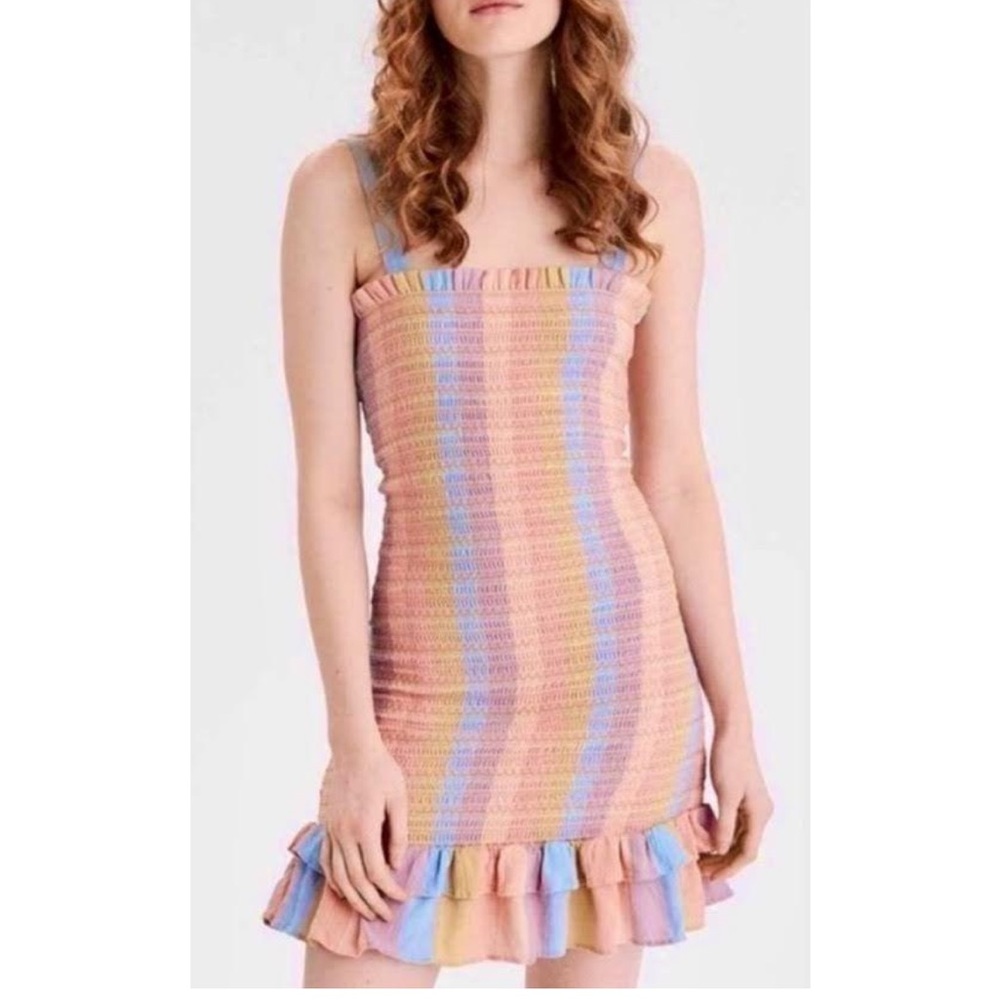 American Eagle Mini Dress Small Striped Pastel Rainbow  Bodvcon Smocked Ruffled